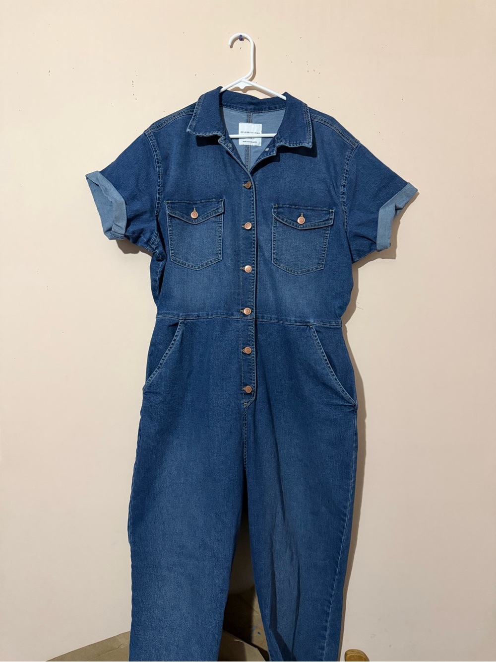 Celebrity Pink Dark Blue Denim Short-Sleeve Jumpsuit